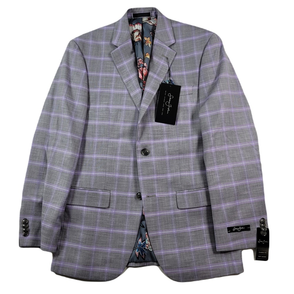 Sean John Patterned Suit Jacket Mens 36R Grey Purple‎ Plaid Classic-Fit $360 NEW